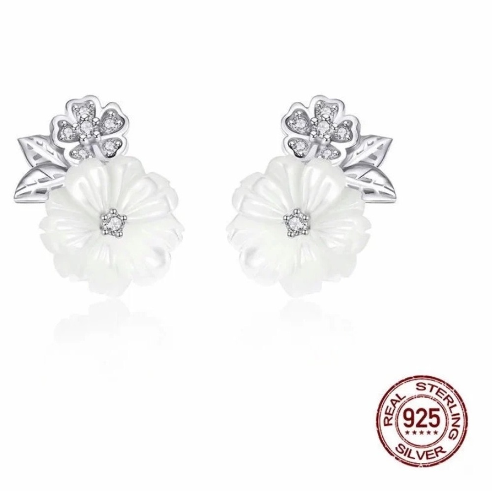 925 Sterling Silver Shell Flower White Enamel Stud Earrings for Women